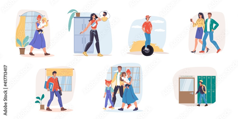 Set of cartoon flat family characters different life scenes,various poses,activities,lifestyles.People walking,talk,communicate,take care of kids-friendship,relationships,communication social concept Set of cartoon flat family characters different life scenes,various poses,activities,lifestyles.People walking,talk,communicate,take care of kids-friendship,relationships,communication social concept