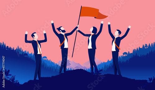 Teamwork happiness - Group of business people standing on hill celebrating with arms in air and victory flag in hands. Team spirit and unity concept. Vector illustration.