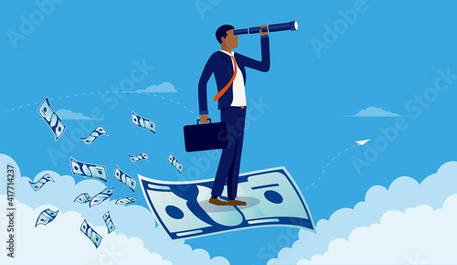 African American businessman looking for profits - Male person standing on flying money with binocular searching for opportunities. Earning money concept. Vector illustration.