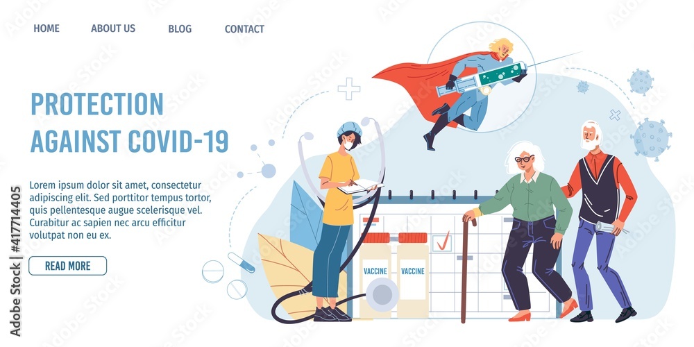 Vector cartoon flat superhero character carries coronavirus vaccine,doctor talk with elderly patient-covid prevention,protection,pandemic viral infection vaccination,medical landing page concept