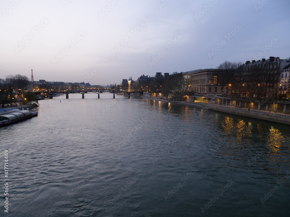 The Seine river in Paris in the evening in march 2021.