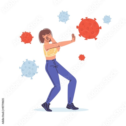 Cartoon flat woman character in fear of coronavirus covid-19.Afraid girl in panic,scary of viral respiratory infection disease-pandemia prevention protection,medical web online banner social concept