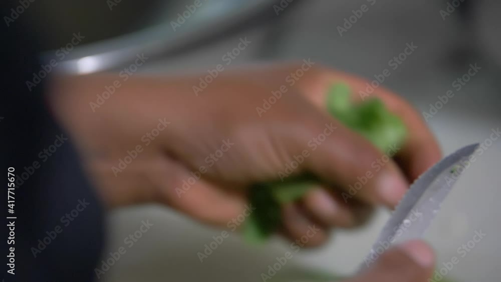 Cook hands slowly slicing nopales with a small knife Cook hands slowly slicing nopales with a small knife