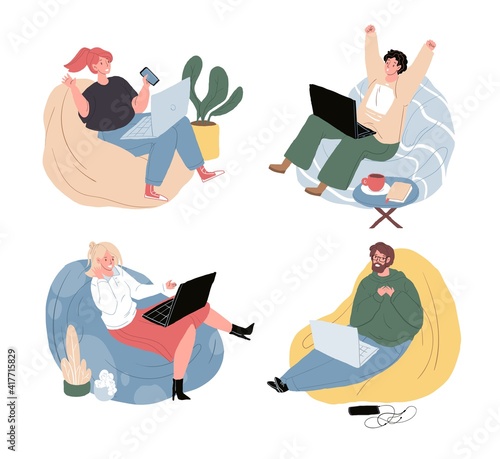 Set of vector cartoon flat characters sitting in bean bags at cozy home atmosphere,laptop on lap.Young people relaxing,enjoy,talking using laptops indoors-online communication,quarantine concept