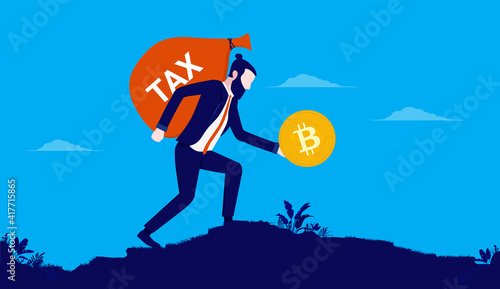 Bitcoin tax payment - Man walking with big bag of tax money while holding bitcoin in hand. Vector illustration.