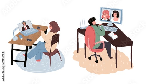 Vector cartoon flat freelancer characters online talk with colleagues,boss.Young people discuss business,distance work using video messenger-online freelance work,quarantine concept