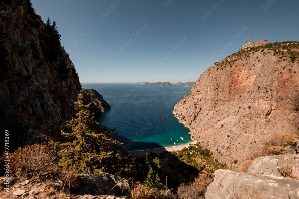 Beautiful beach view of Kabak Valley in Turkey. View from hill on Lycian way.
