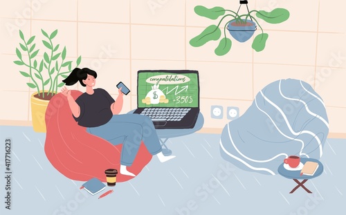 Vector cartoon flat character enjoys trading success,young girl happy with stock market,forex profit in bean bag at cozy home atmosphere-online trading,financial,private investing,social concept