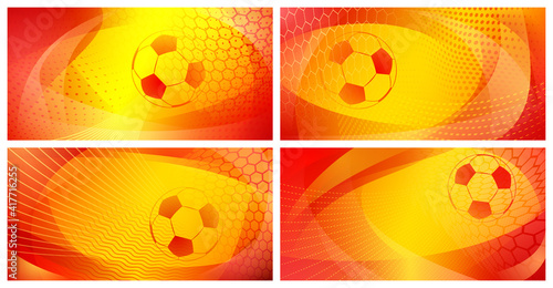 Set of four football or soccer abstract backgrounds with big ball in national colors of Spain