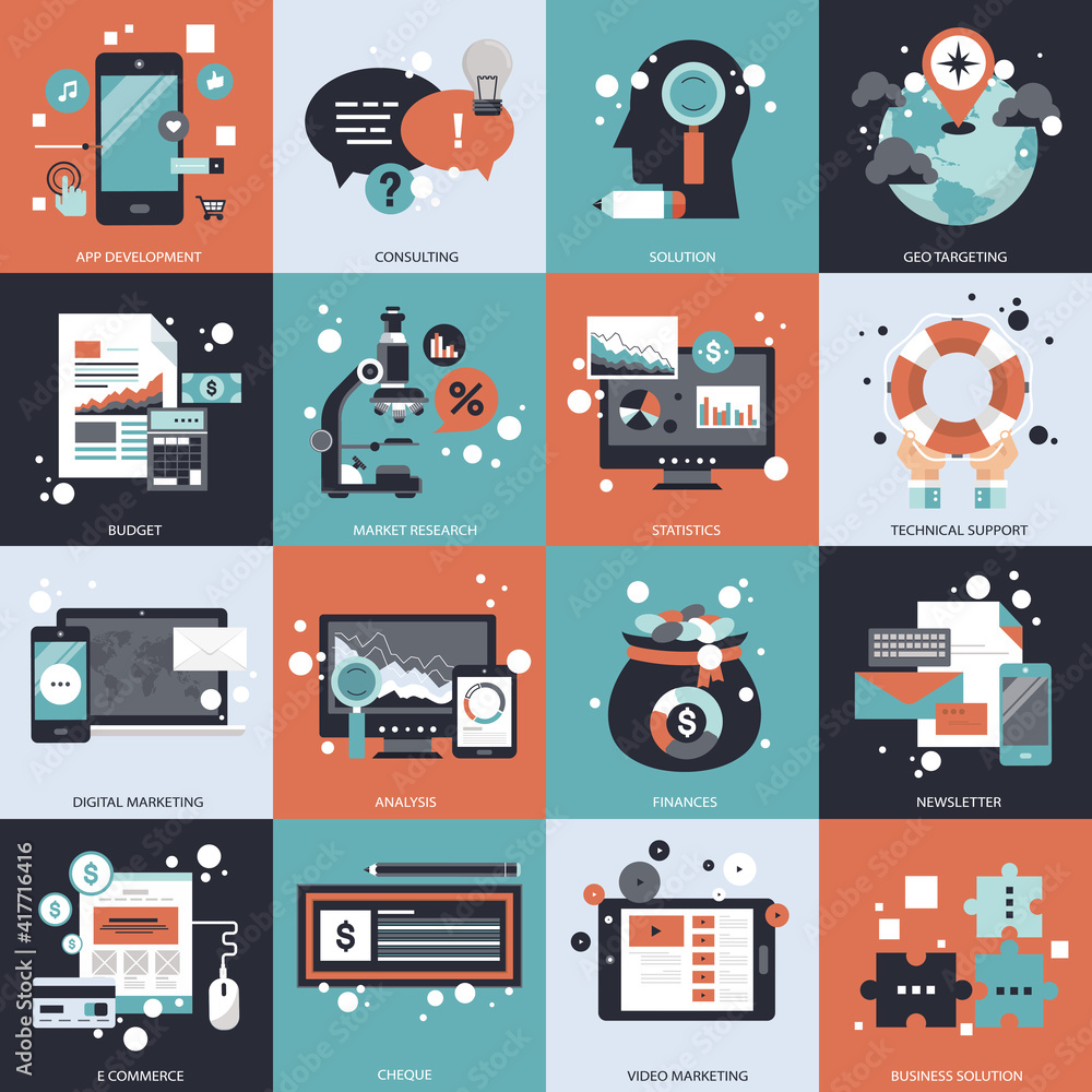Business, technology and management icon set for websites and mobile applications. Flat vector illustration Business, technology and management icon set for websites and mobile applications. Flat vector illustration