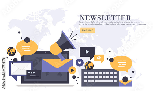 Flat design concept of regularly distributed news publication via e-mail with some topics of interest to its subscribers. Flat vector illustration. Newsletter concept