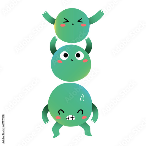 Cute green peas characters, sweet pea vegetable mascots, kawaii cartoon veggies with funny face expression, vector illustration isolated