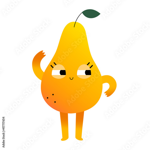 Cute sweet pear fruit character, kawaii cartoon fruit character with funny face expression, vector illustration isolated on white