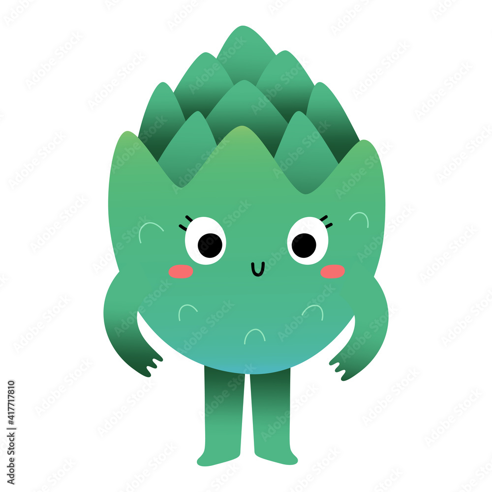 Cute artichoke character, healthy green vegetable mascot for kids