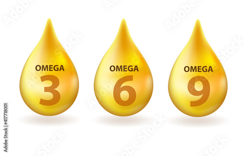 Vitamin Omega 3, 6, 9 drop realistic 3d style. Fish fat. Healthy lifestyle vector concept