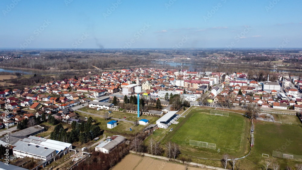 Naklejka premium Aerial drone view of Bosanski Samac, town and municipality in north Bosnia and Herzegovina. Panoramic view of Bosanski Samac, Posavina and river Sava.