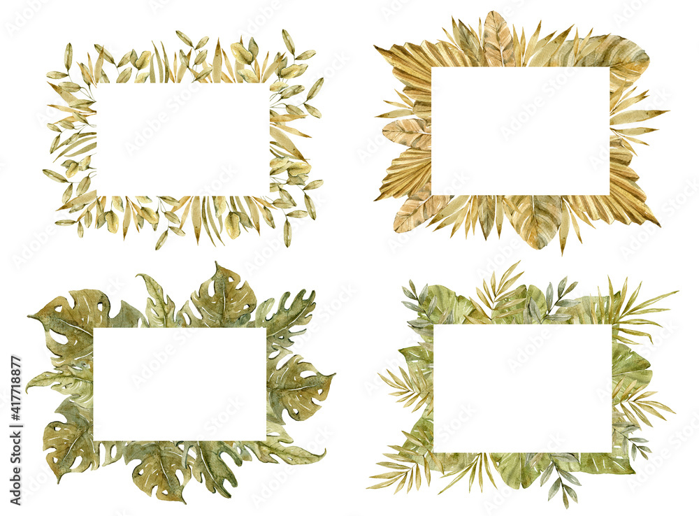 Watercolor hand painted four rectangular frames with tropical jungle leaves on white background. Hand drawn floral boho illustration for wedding, anniversary, birthday, etc. invitations Watercolor hand painted four rectangular frames with tropical jungle leaves on white background. Hand drawn floral boho illustration for wedding, anniversary, birthday, etc. invitations