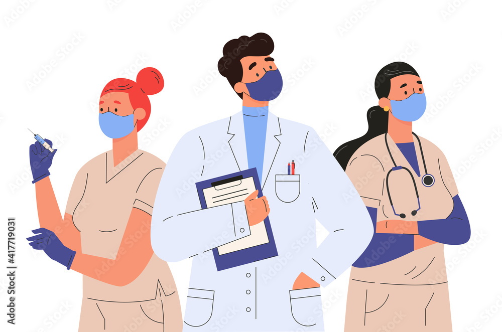 Doctors and nurses characters in medical face mask. Medical team, professional hospital workers, group of medics. Set of people in medical clothes. Flat illustration isolated on white background. Doctors and nurses characters in medical face mask. Medical team, professional hospital workers, group of medics. Set of people in medical clothes. Flat illustration isolated on white background.