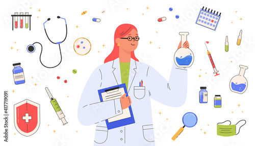 Vaccine discovery concept. Scientists doctor with flasks and folder working on antiviral treatment development in a medical gown. Set of medical objects. Vector illustration in flat cartoon style.