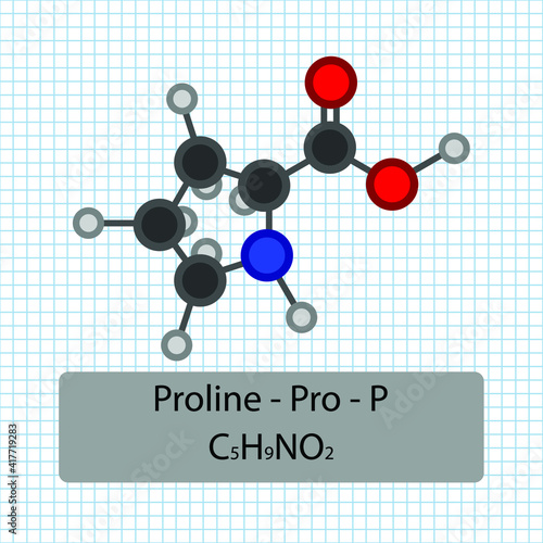 Proline - Pro - P - Amino Acid molecular formula and chemical structure . 2D Ball and stick model on school paper sheet background. EPS10 photo