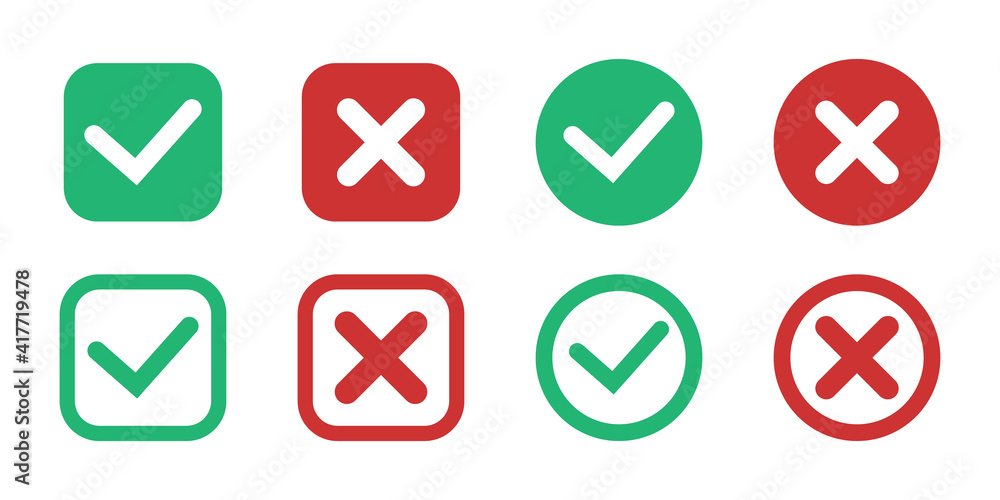Tick and cross brush icon set. Green YES and red NO signs vector collection. Tick and cross brush icon set. Green YES and red NO signs vector collection.