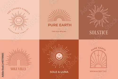 Bohemian linear logos, icons and symbols, sun design templates, terracotta geometric abstract design elements for decoration. 