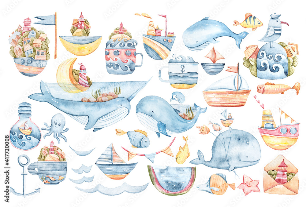 Watercolor hand drawn whale sea life set on white background. Watercolor painting objects. Hand drawn colorful illustration for books, prints, stickers