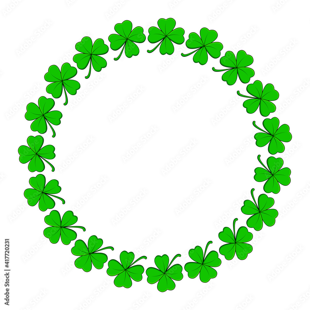 Clover circle frame. Vector design with four leaf shamrock. Holiday saint patrick day background template.
