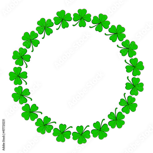 Clover circle frame. Vector design with four leaf shamrock. Holiday saint patrick day background template.