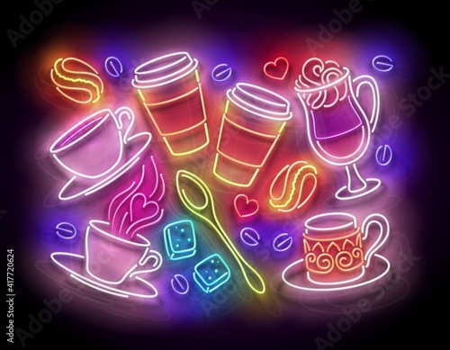 Glow Cups with Different Coffee. Cafe Label. Cappuccino, Espresso, Americano, Drink To Go. Neon Poster, Flyer, Banner, Invitation. Glossy Background. Vector 3d Illustration