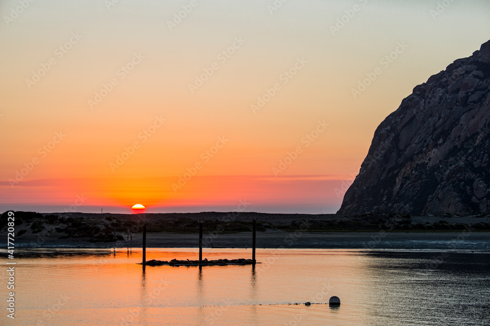 USA, California. Morro Bay on the Pacific Ocean at sunset.