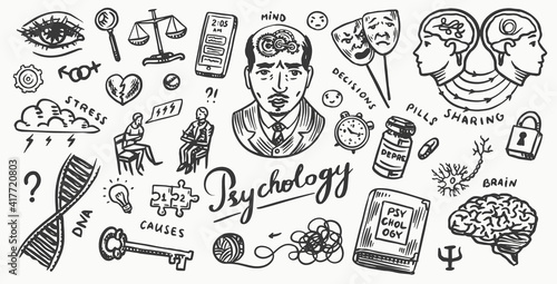 Psychology science poster or banner. Psychologist online. Clew and dna, puzzle and key. Hand drawn sketch. Psychological help. Brain and mind and mental health. Vintage retro signs. Doodle style. 