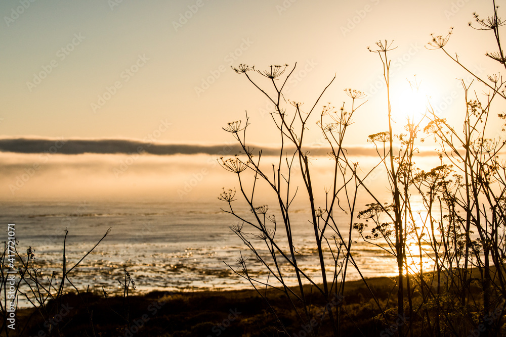 USA, California. Sunset over the Pacific Ocean, seen from Pacific Coast Highway on San Simeon North Shore. USA, California. Sunset over the Pacific Ocean, seen from Pacific Coast Highway on San Simeon North Shore.