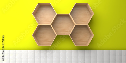 An empty kitchen cabinet made of hexagonal wooden modules hangs on a yellow wall with white tiles. 3D visualization