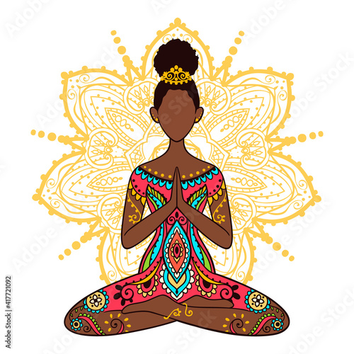Yoga girl. African american woman doing yoga. Ornament Meditation pose.