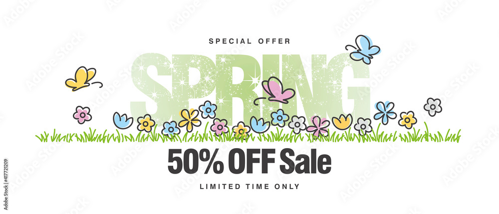 Fototapeta premium Special offer Spring Sale 50 % off with colorful spring flowers butterflies tulips in grass isolated white background