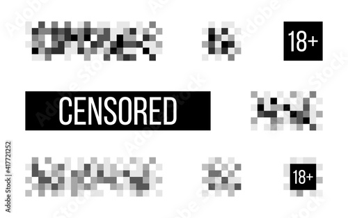 Censored signs on white backdrop. Rectangle censor template. Censorship pixel effect. Censure mosaic design. Blurry pixel symbol. Vector illustration