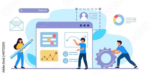 Building website project as programming homepage process Tiny person Vector illustration concepts for website and mobile website development Abstract design work activity and web elements layout