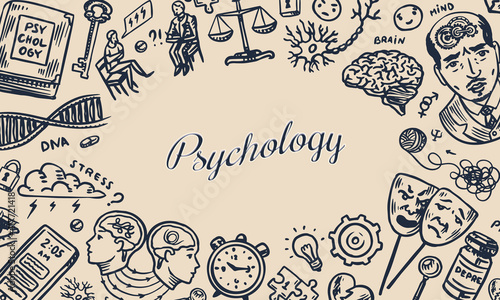 Psychology science poster or banner. Psychologist online. Clew and dna, puzzle and key. Hand drawn sketch. Psychological help. Brain and mind and mental health. Vintage retro signs. Doodle style. 