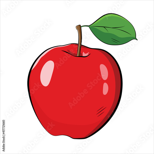 Red drawn apple with green leaf on a white background