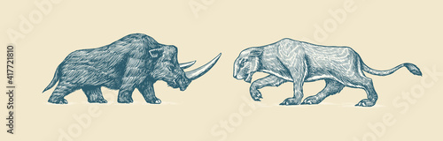 Woolly rhinoceros and European cave lion. Panthera spelaea. Extinct animal. Ice Age. Vintage retro vector illustration. Doodle style. Hand drawn engraved sketch