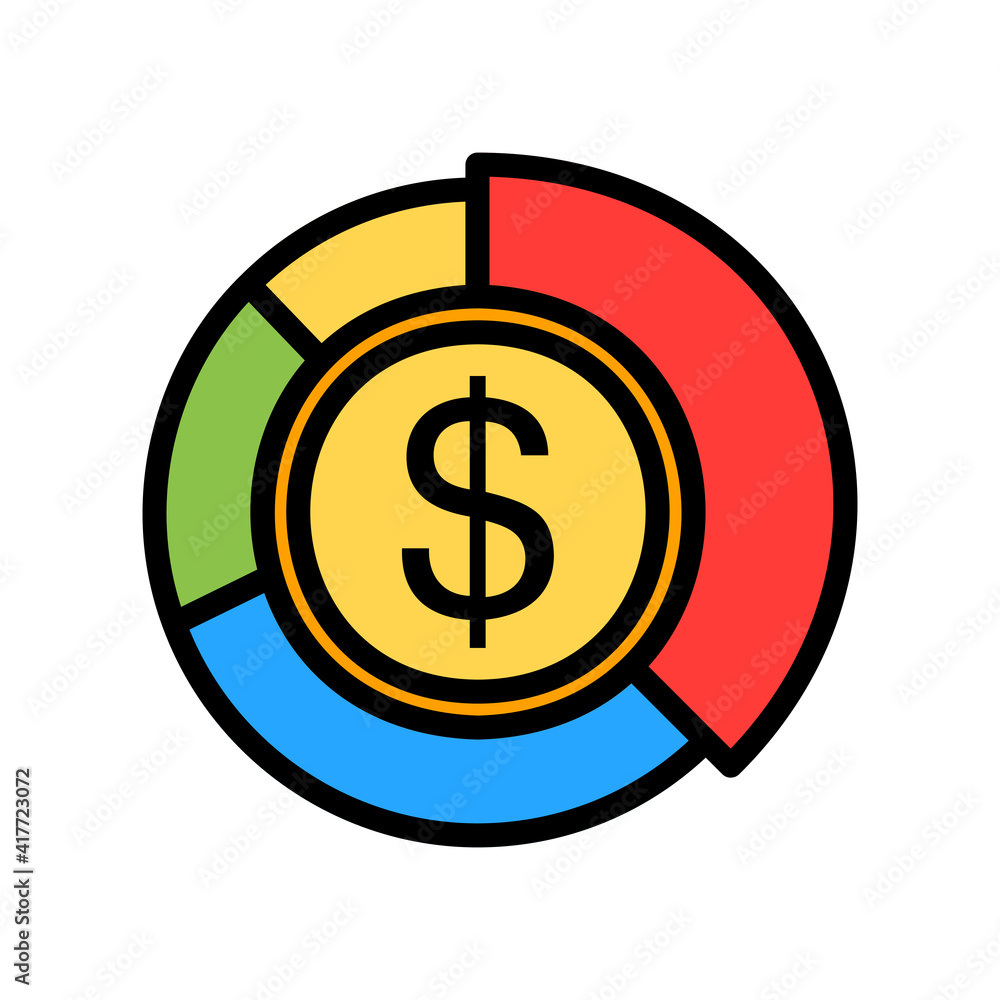 Pie chart money icon vector illustration in filled line style about marketing and growth for any projects Pie chart money icon vector illustration in filled line style about marketing and growth for any projects