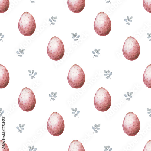 Easter eggs seamless pattern. Holiday background texture. Hand drawn watercolor illustration on white background