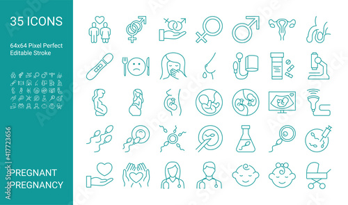 Set of line icons of pregnancy. Editable vector stroke. 64x64 Pixel Perfect.