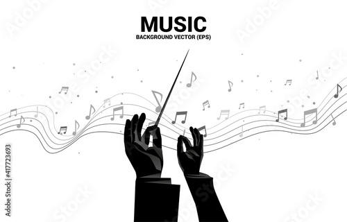 Vector silhouette of conductor hand with music melody note dancing flow . Concept background for classic music concert and recreation.