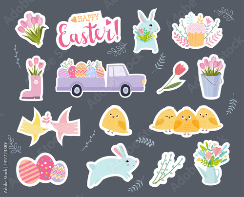 Set of Easter stickers: rabbit, flowers, chiks, birds, eggs
