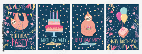 Set of Happy birthday card and party invitation with cute sloth, cake with ca...