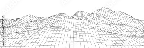 Wireframe 3D landscape mountains. Wireframe landscape wire. 3d landscape. Digital retro landscape cyber surface. Vector illustration.