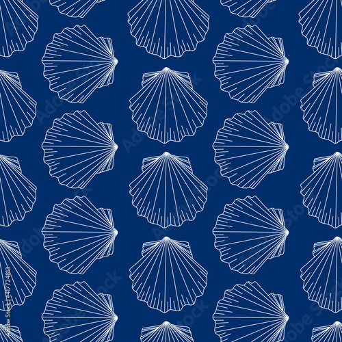 Oyster marine pattern. White contour molluscs on a blue background. Design for fabrics, textiles, packaging, paper