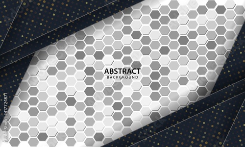 Dark abstract background with black overlap layers. Texture with hexagon textured background.